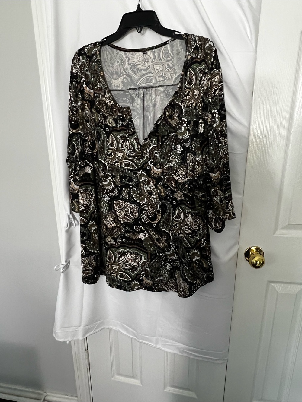Paisley V-Neck Tunic Top in Black and Olive